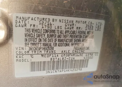 2017 Nissan Versa S from USA, damaged, VIN 3N1CN7AP1HK425298